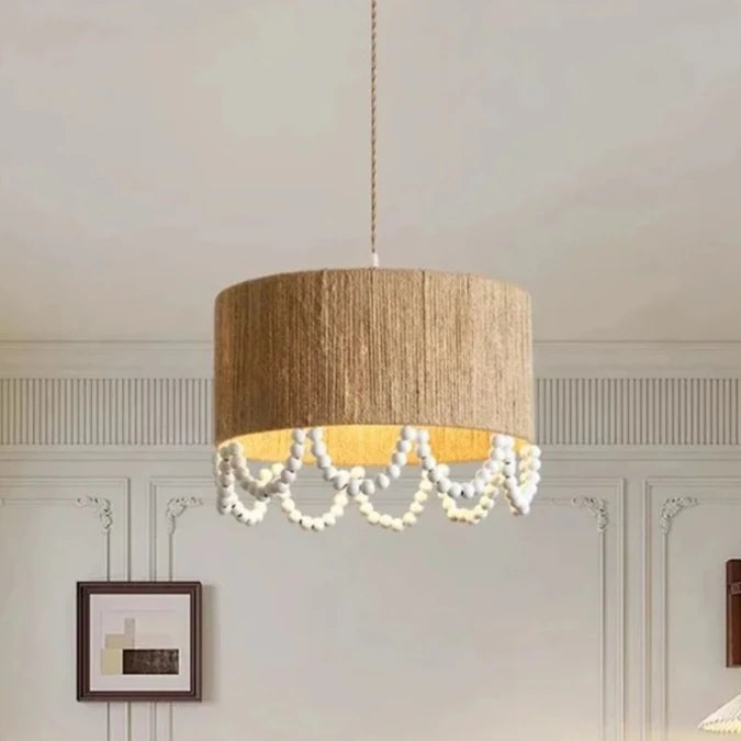 Lámpara colgante de cuerda de cáñamo Wabi Sabi con cuentas de madera para restaurante, sala de estar, decoración del hogar, dormitorio, candelabro
