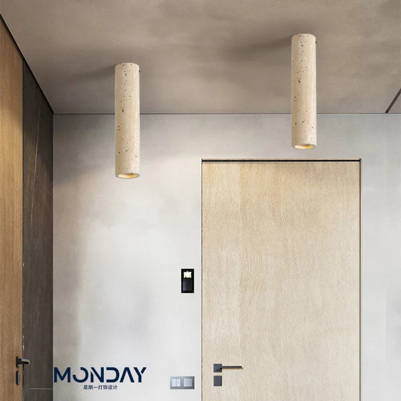 Lámpara de techo cilíndrica de travertino con foco E27
