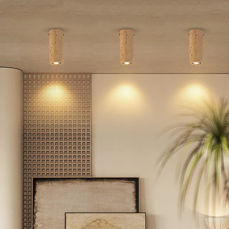 Lámpara de techo cilíndrica de travertino con foco E27