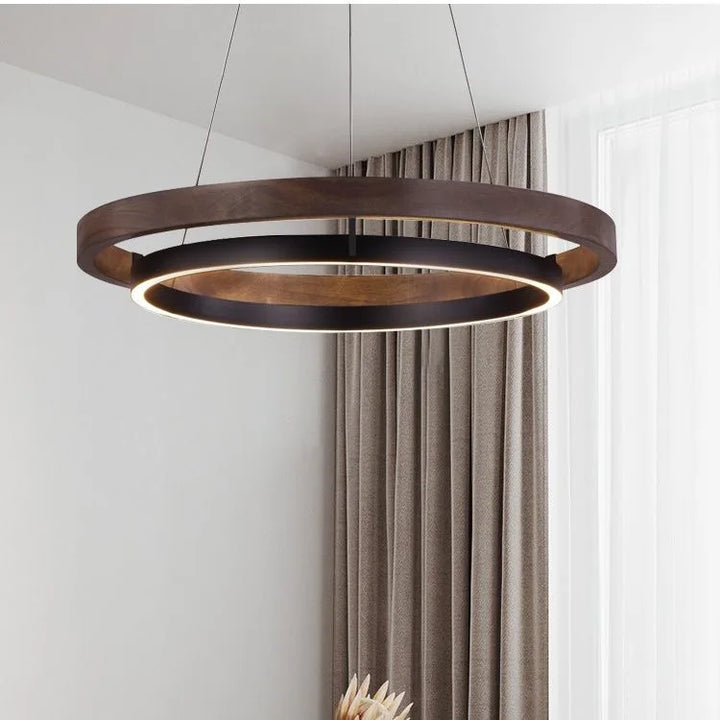 Lámpara de araña antigua nórdica con luz de anillo circular de color veta de madera para sala de estar y comedor