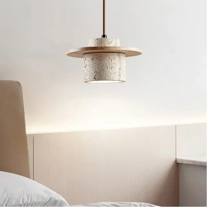 Lámpara colgante Luma estilo Wabi-Sabi de travertino amarillo con lámpara de noche redonda de madera, lámpara de araña para el hogar, bombilla E27, luces de piedra natural