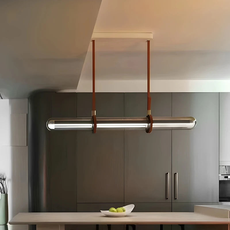 Lámpara colgante larga de lujo, moderna y minimalista, de cuero y cristal, con iluminación LED, ideal para comedor, bar, cocina y decoración del hogar.