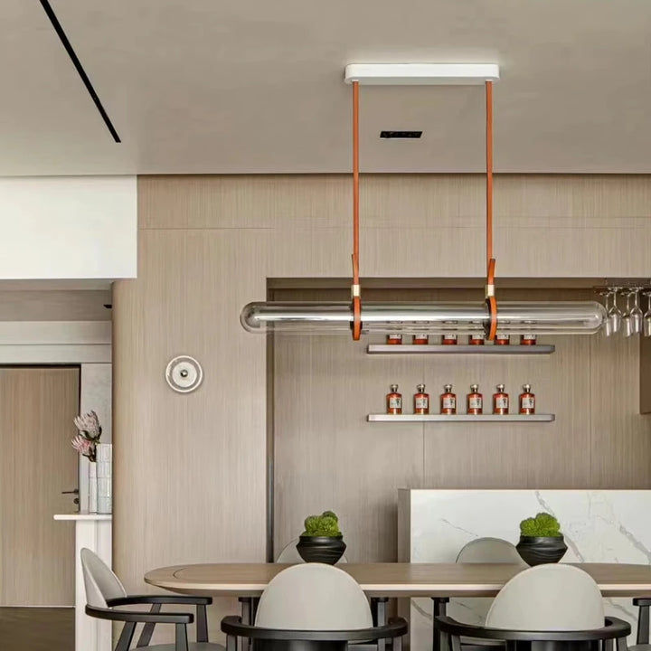 Lámpara colgante larga de lujo, moderna y minimalista, de cuero y cristal, con iluminación LED, ideal para comedor, bar, cocina y decoración del hogar.