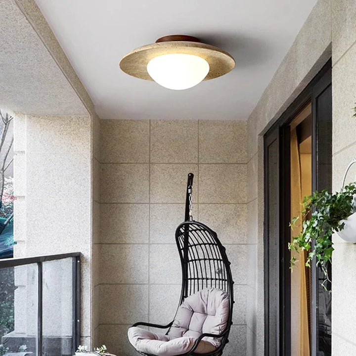 Lámpara de techo de piedra natural japonesa Wabi Sabi, color crema, para porche, balcón, iluminación moderna, estilo nuevo, con forma de disco fresco, decoración del hogar.
