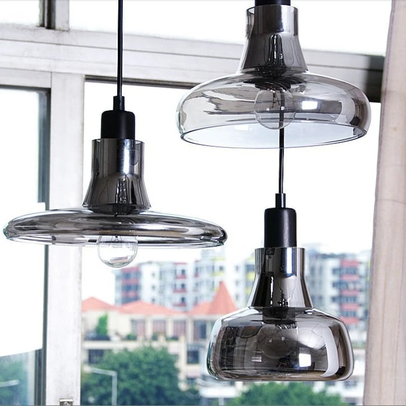 Lámpara de araña LED moderna minimalista de cristal gris ahumado para restaurante, bar, dormitorio, mesita de noche, lámpara colgante de un solo cabezal, iluminación interior, decoración