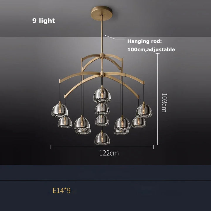 Lámpara de araña de cobre completa para salón de cristal americano, estilo retro americano, ideal para villas de lujo, hoteles y clubes.