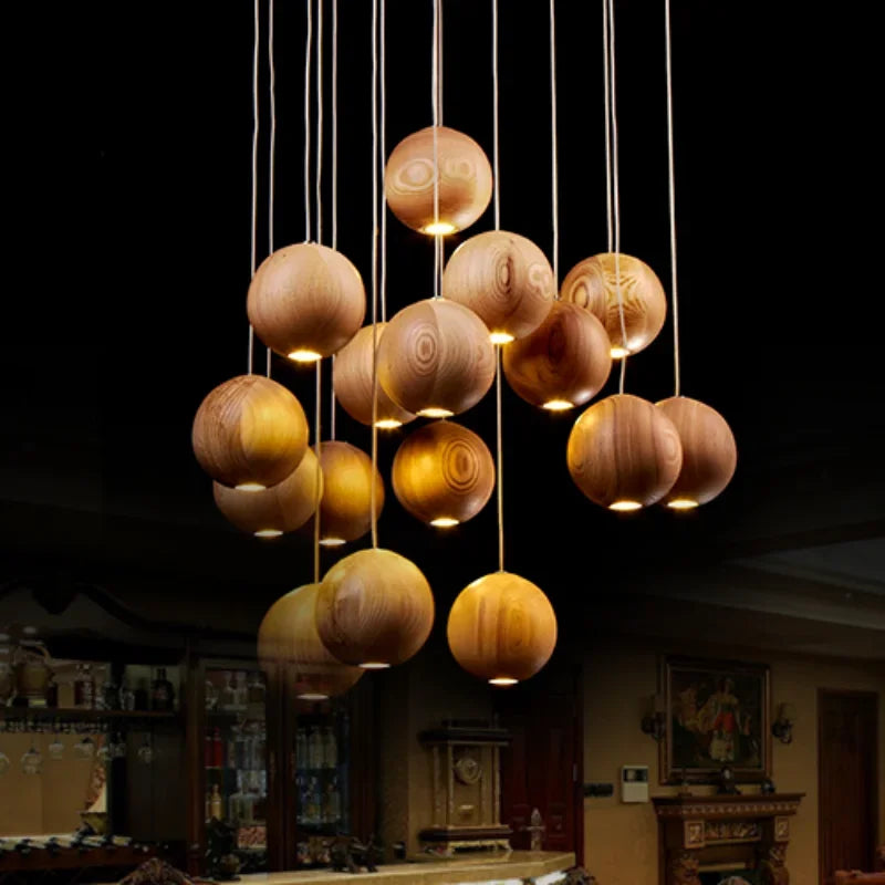 Lámpara colgante de madera maciza de diseñador, lámpara colgante creativa de arte para cocina, restaurante, nueva lámpara colgante de madera para hotel chino, barra de bolas, iluminación LED