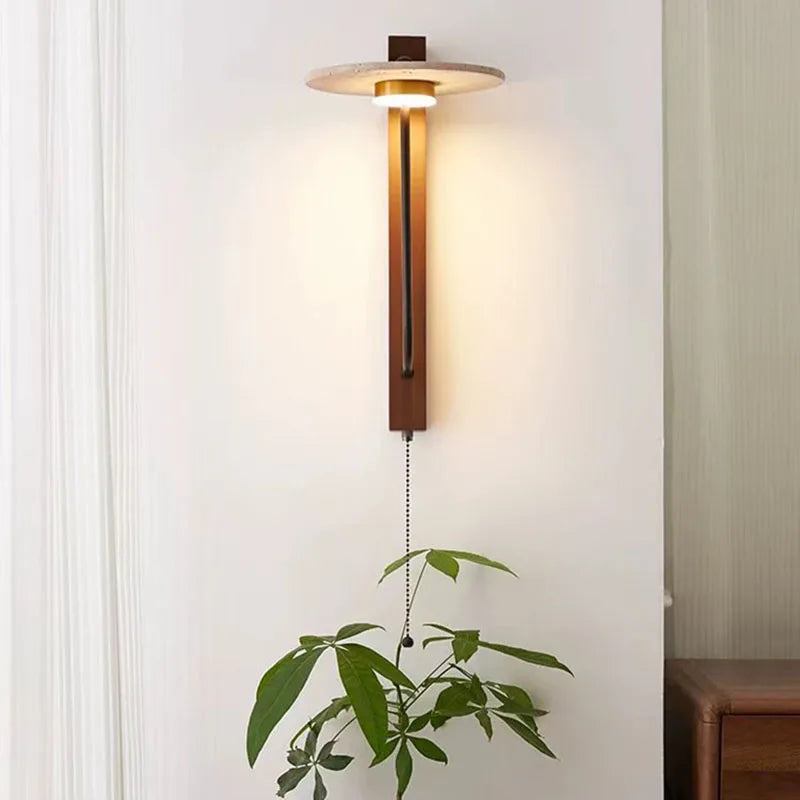 Lámpara de pared creativa redonda de piedra natural, madera oscura, 3000 K, para dormitorio de hotel, salón, aplique Art Déco