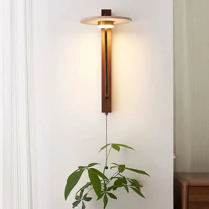 Lámpara de pared creativa redonda de piedra natural, madera oscura, 3000 K, para dormitorio de hotel, salón, aplique Art Déco