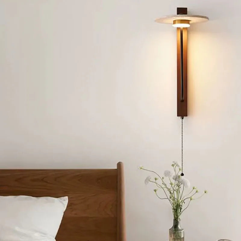 Lámpara de pared creativa redonda de piedra natural, madera oscura, 3000 K, para dormitorio de hotel, salón, aplique Art Déco
