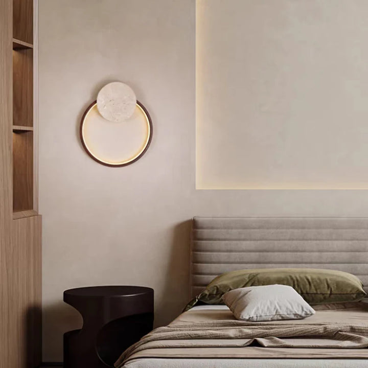 Lámpara de pared LED redonda de piedra natural, de madera oscura, regulable, para interiores, salones, dormitorios, escaleras, estilo moderno.