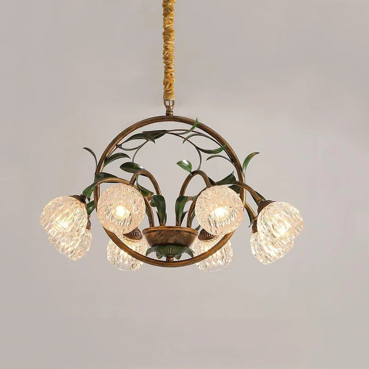 Lámpara colgante LED de cristal con diseño floral de hojas verdes y flores para decoración de habitaciones y apartamentos de estilo nórdico escandinavo.