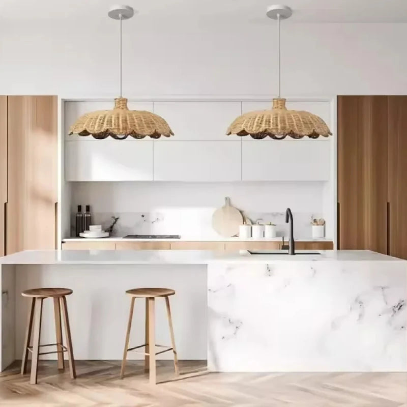 Lámpara colgante de ratán natural tejida a mano para comedor, dormitorio, cocina, restaurante retro, lámpara colgante de mesa