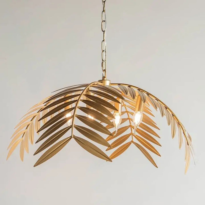 Lámpara colgante vintage de hierro forjado americano con hojas de palma, ideal para iluminación decorativa en salas de estar, comedores y dormitorios.