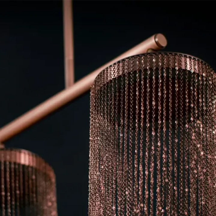 Lámparas de araña Larose con borlas de metal estilo bohemio, diseño lujoso de oro rosa, iluminación única para escalera de cocina y sala de estar.