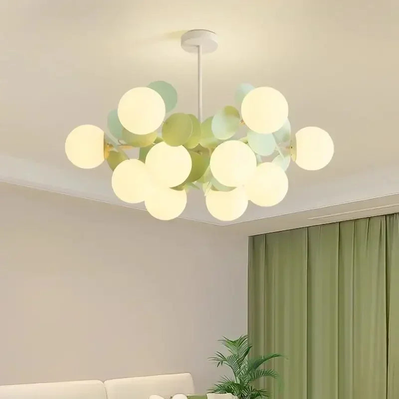 Lámpara de araña de estilo francés cálido con forma de molécula de frijol mágico verde, lámpara colgante LED para dormitorio, sala de estar, comedor, iluminación del hogar.