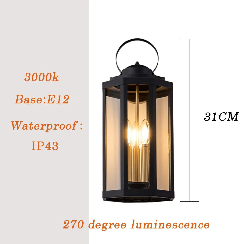 Lámpara de pared para exteriores, impermeable, base E12, pantalla de vidrio vintage, aluminio, para pasillo, patio, puerta, balcón, decoración.