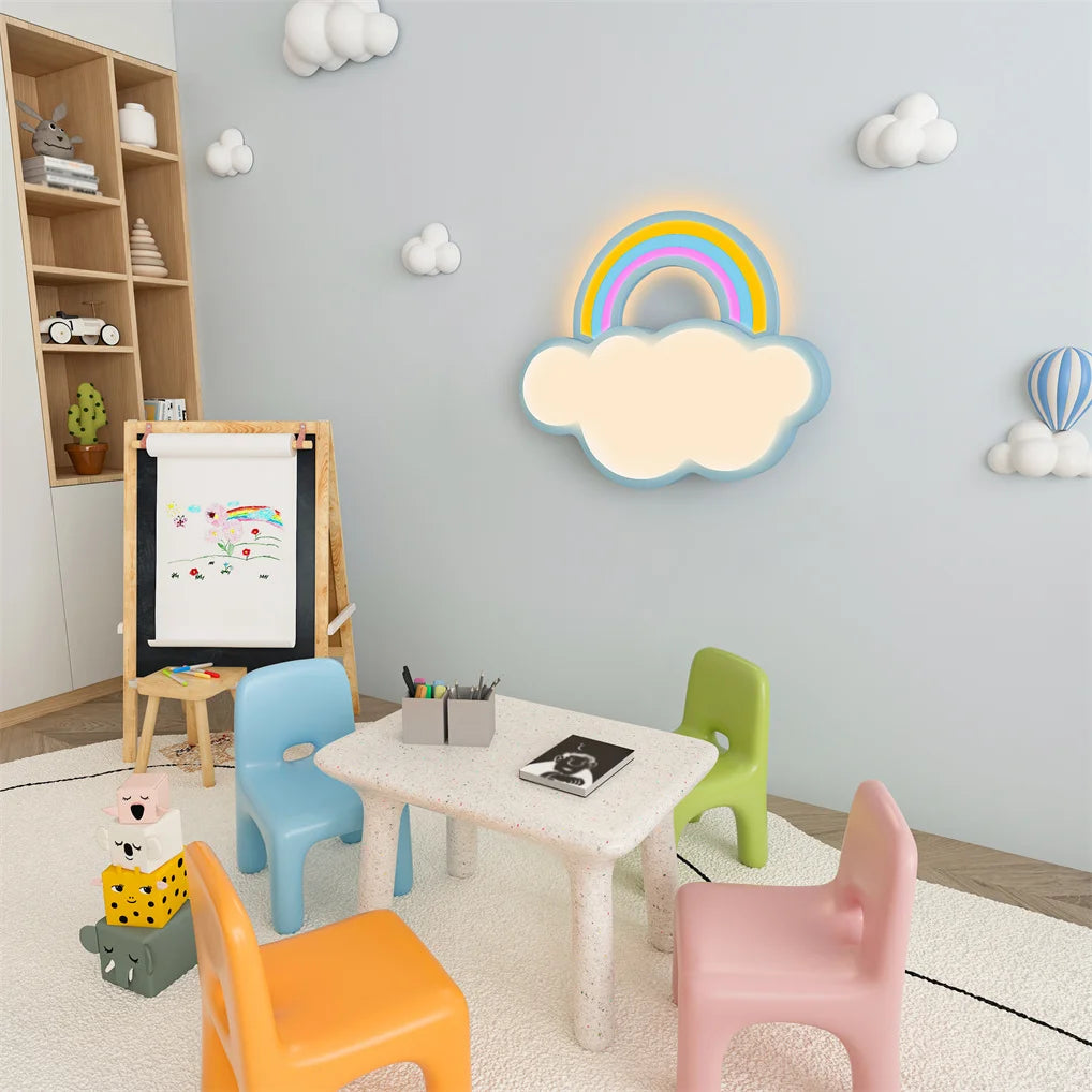 Lámpara de techo con dibujos animados creativos para dormitorio infantil, lámpara de techo decorativa con diseño de nubes y arcoíris y atenuación.