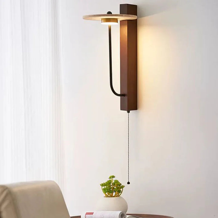 Lámpara de pared creativa redonda de piedra natural, madera oscura, 3000 K, para dormitorio de hotel, salón, aplique Art Déco