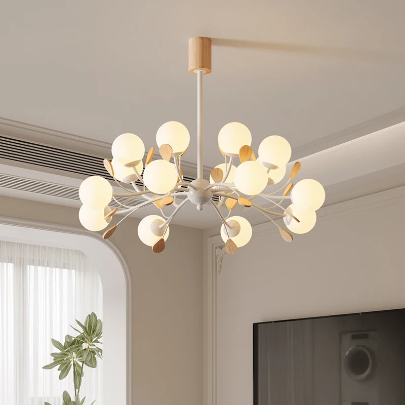 Lámpara de araña nórdica Magic Bean, colgante de madera con bola de cristal blanco lechoso, ideal para comedor, dormitorio, restaurante o loft.