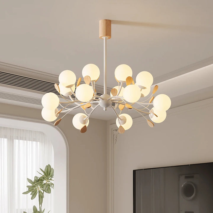 Lámpara de araña nórdica Magic Bean, colgante de madera con bola de cristal blanco lechoso, ideal para comedor, dormitorio, restaurante o loft.