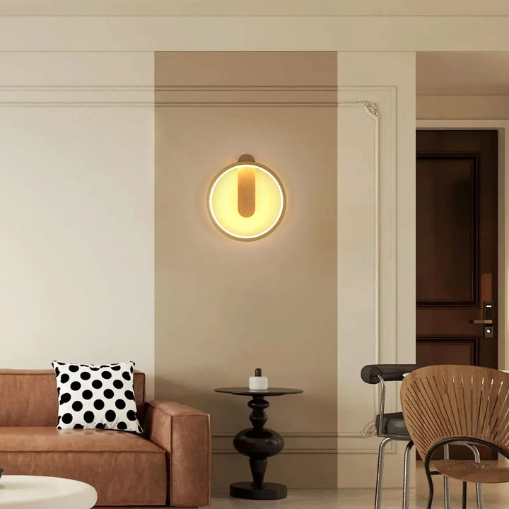 Lámpara de pared circular de 13 W, luz cálida de 3000 K, lámpara de pared de madera sencilla para sala de estar, dormitorio, pasillo y estudio.