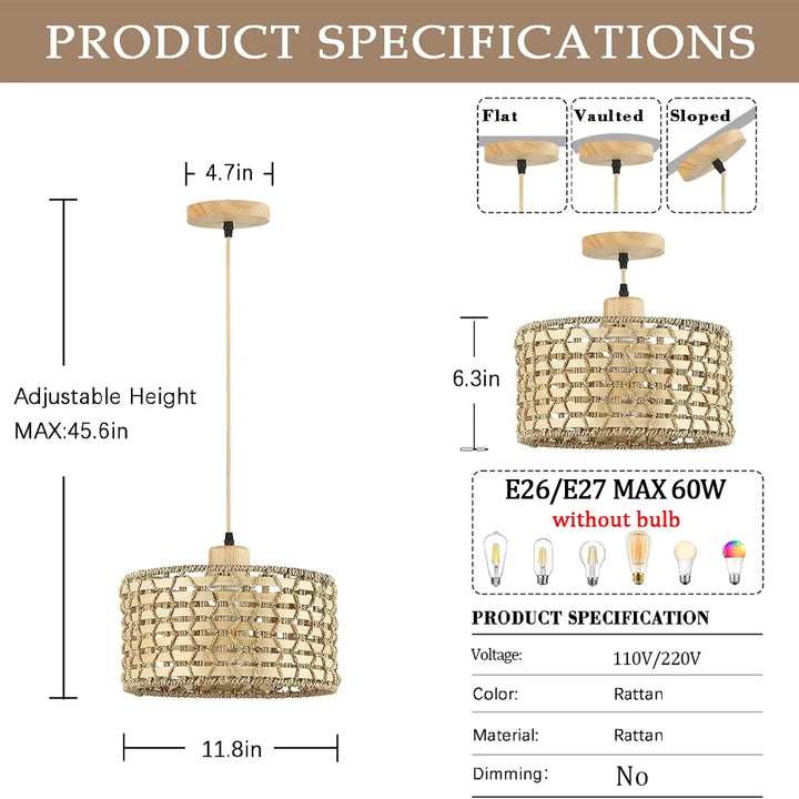Lámpara colgante tejida a mano de ratán de madera maciza, lámpara colgante vintage ajustable para dormitorio, cafetería, restaurante, lámpara de araña sin bombilla