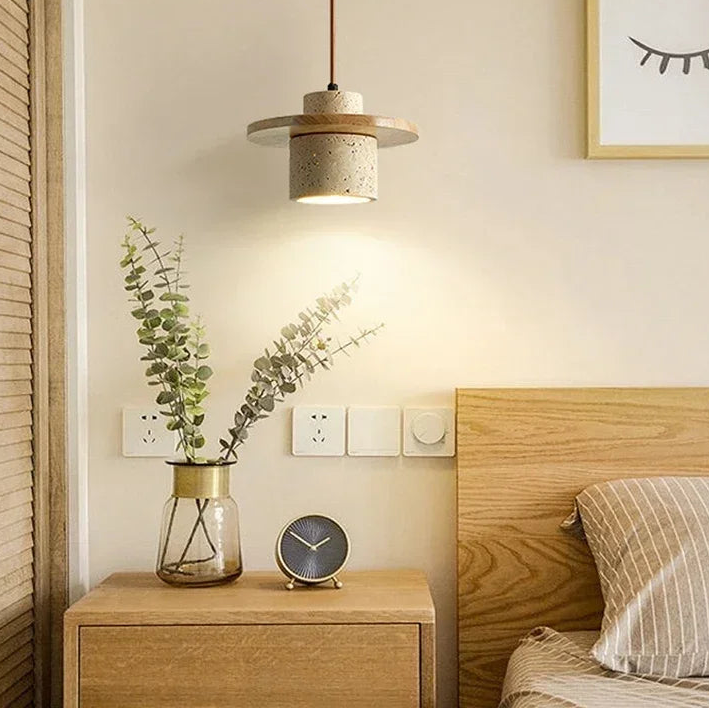 Lámpara colgante Luma estilo Wabi-Sabi de travertino amarillo con lámpara de noche redonda de madera, lámpara de araña para el hogar, bombilla E27, luces de piedra natural