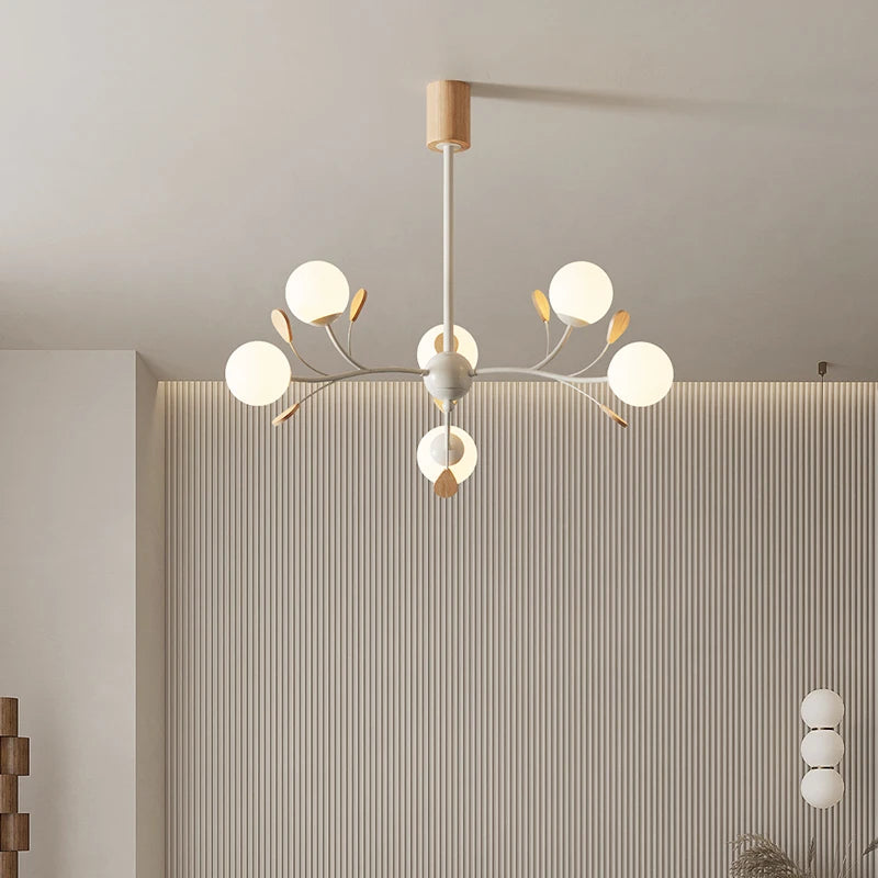Lámpara de araña nórdica Magic Bean, colgante de madera con bola de cristal blanco lechoso, ideal para comedor, dormitorio, restaurante o loft.
