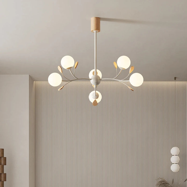 Lámpara de araña nórdica Magic Bean, colgante de madera con bola de cristal blanco lechoso, ideal para comedor, dormitorio, restaurante o loft.
