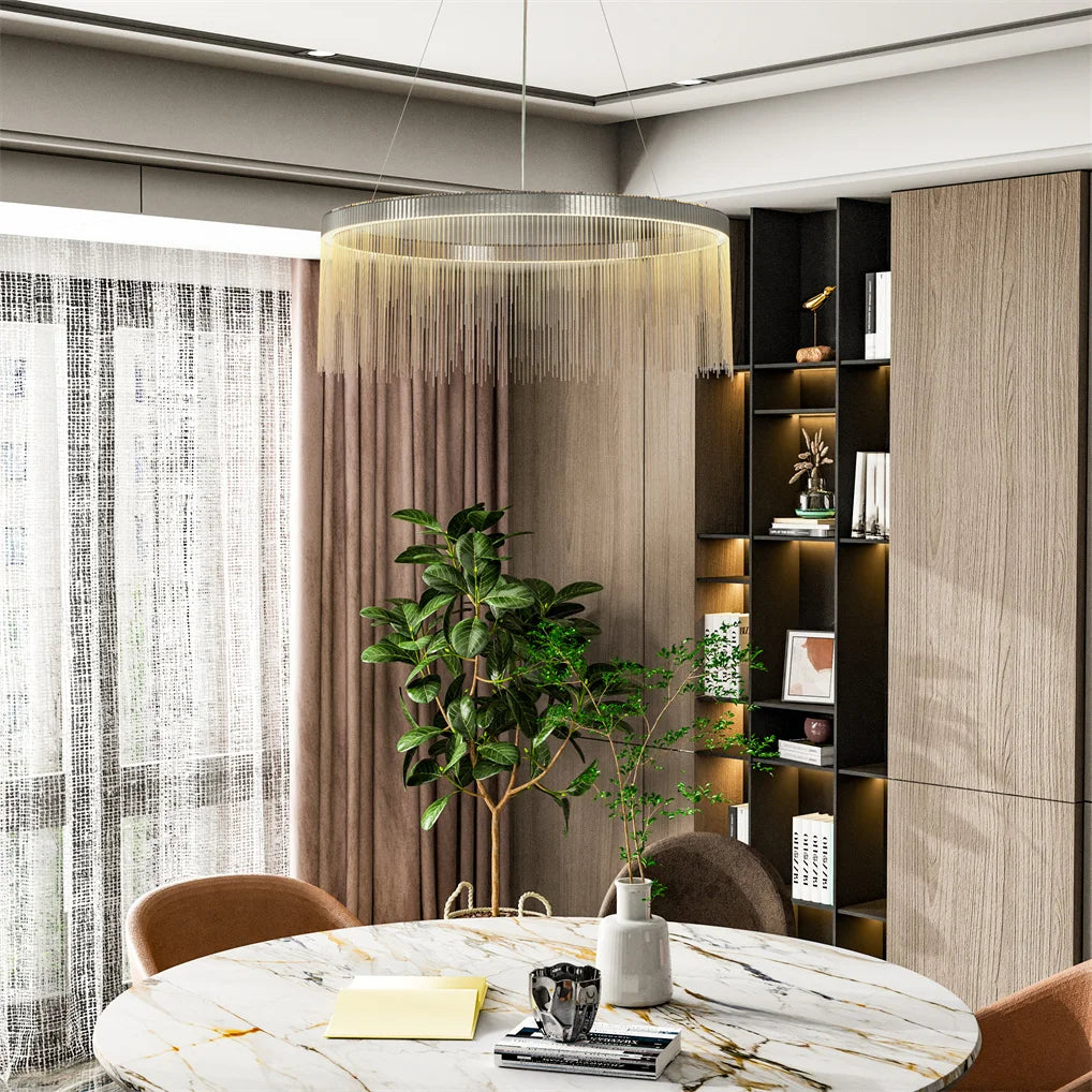 Lámpara colgante de techo redonda de 24”/32” con cadena de aluminio y borlas para sala de estar y dormitorio.