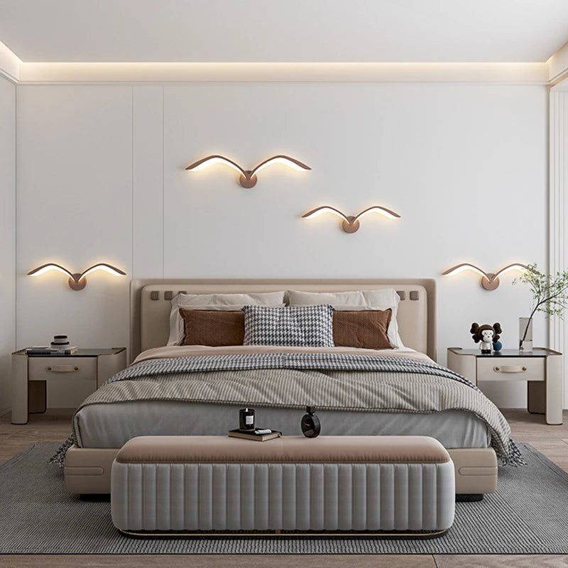 Lámparas de pared nórdicas modernas con diseño de gaviota, LED, blanco, marrón, hierro, acrílico, para sala de estar, TV interior, fondo de pared, iluminación de pared