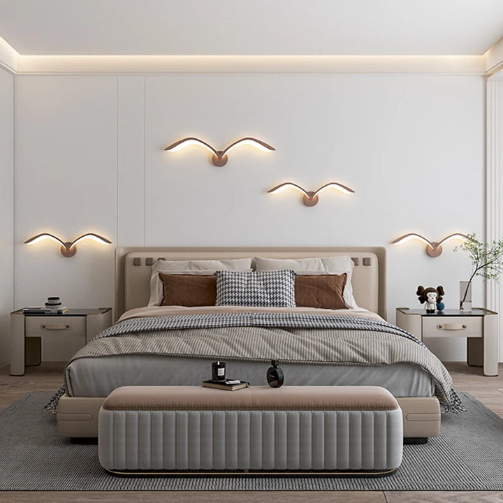 Lámparas de pared nórdicas modernas con diseño de gaviota, LED, blanco, marrón, hierro, acrílico, para sala de estar, TV interior, fondo de pared, iluminación de pared