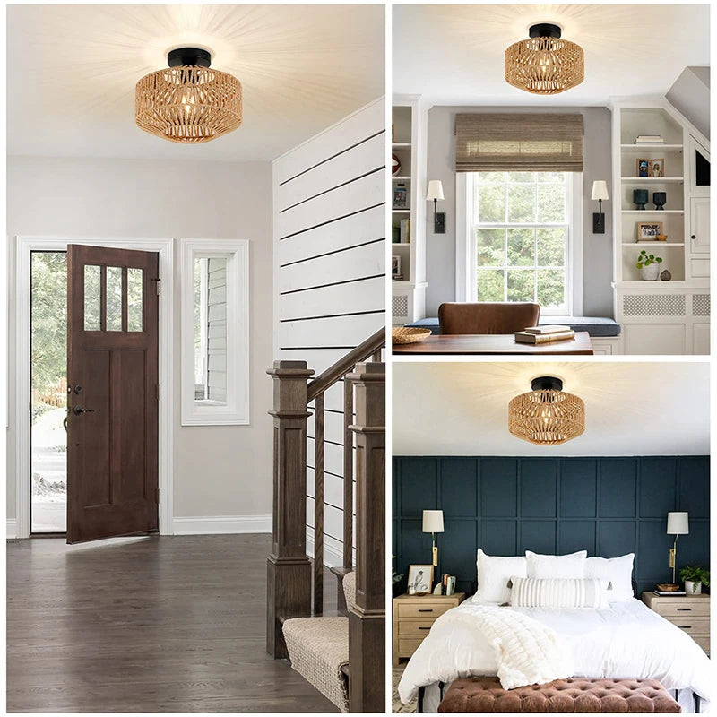 Lámpara de techo de ratán natural, lámpara colgante E27, lámpara hecha a mano, lámpara colgante de techo tejida para decoración del hogar y la sala de estar.