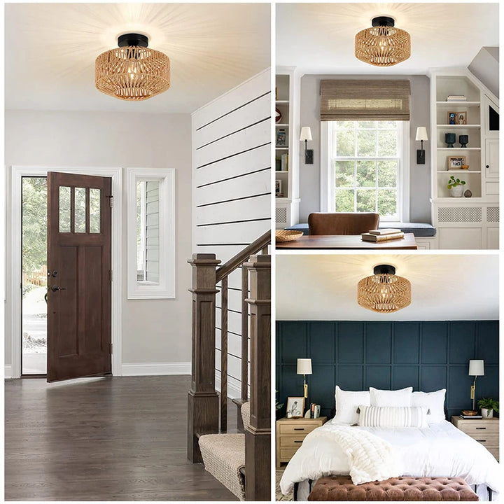 Lámpara de techo de ratán natural, lámpara colgante E27, lámpara hecha a mano, lámpara colgante de techo tejida para decoración del hogar y la sala de estar.