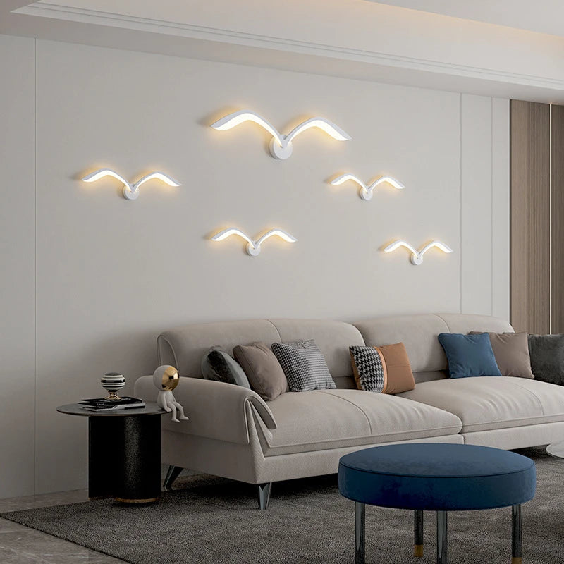 Lámparas de pared nórdicas modernas con diseño de gaviota, LED, blanco, marrón, hierro, acrílico, para sala de estar, TV interior, fondo de pared, iluminación de pared