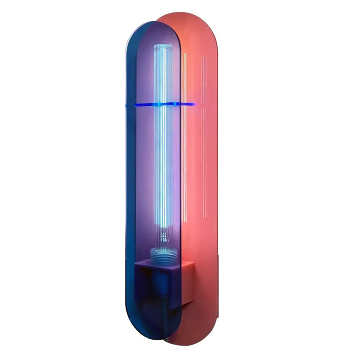 Applique andy murale uv avec tube fluorescent illuminé dans un boîtier translucide bleu et corail par elements lighting pop art