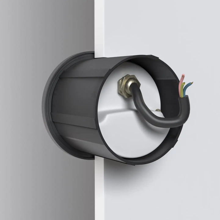 Applique encastrée bil en conduit électrique noir avec connecteur métallique hexagonal et fils multicolores pour une lumière douce