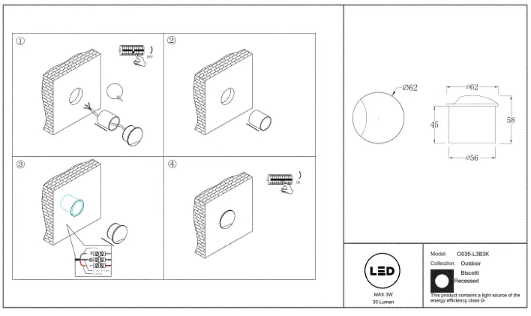 Applique encastrée biscotti led circulaire 30 lumens 3v design épuré pour éclairage d’un seul côté extérieur