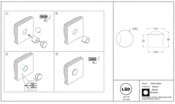 Applique encastrée biscotti led circulaire 30 lumens 3v design épuré pour éclairage d’un seul côté extérieur
