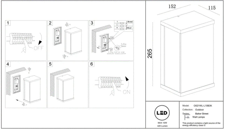 Applique extérieure baker street en aluminium noir modèle 021wl-l10b3k pour éclairage mural led extérieur