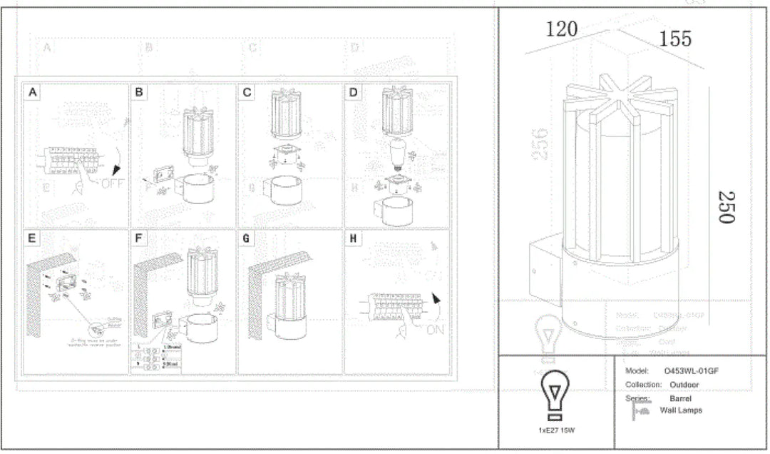 Applique extérieure barrel en métal graphite avec verre transparent cylindre de 250mm hauteur modèle 0453vl-01gf