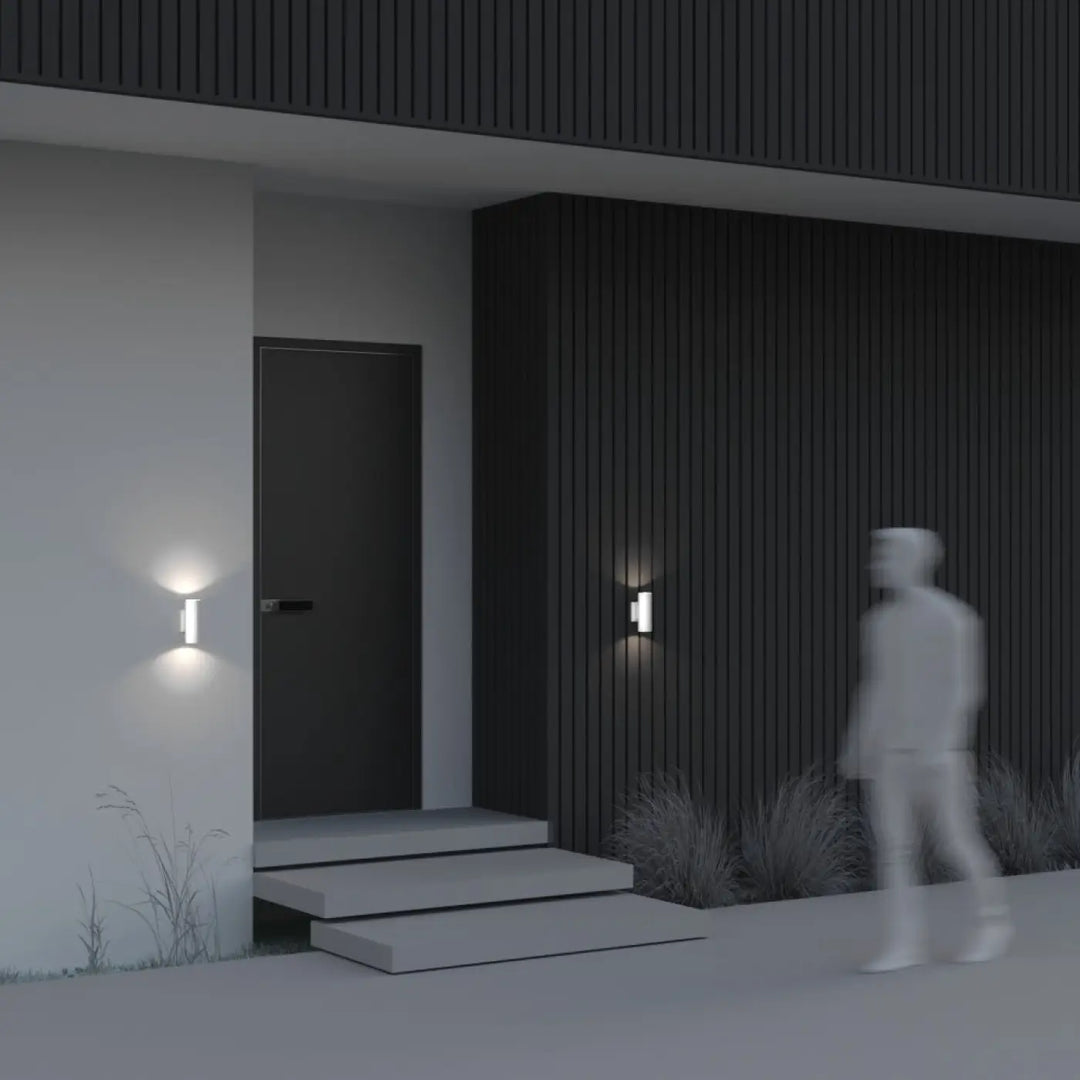 Applique extérieure bowery cylindre en aluminium thermolaqué avec design minimaliste et ampoules gu10 blanc chaud