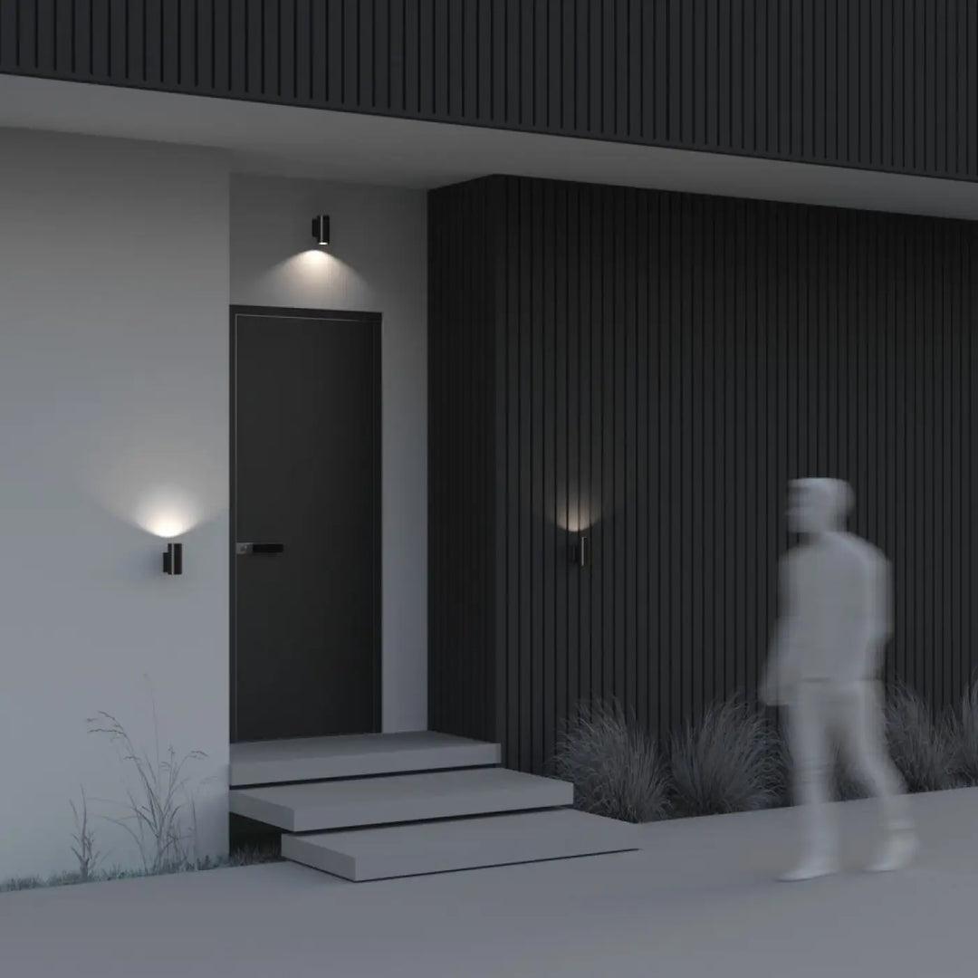 Applique extérieure bowery cylindre en aluminium thermolaqué noir avec design minimaliste et ampoules gu10
