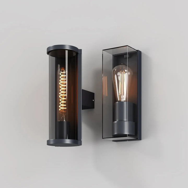 Applique extérieure en aluminium graphite de style loft avec lanternes noires en verre clair et ampoules filament vintage