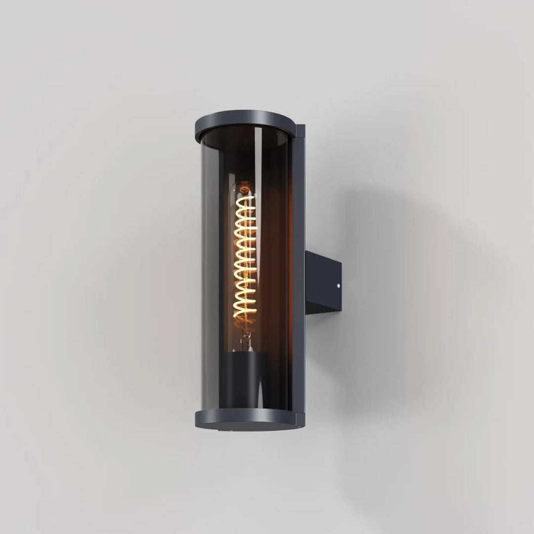 Applique extérieure conf en aluminium graphite cylindre noir avec verre transparent et ampoule filament spirale visible