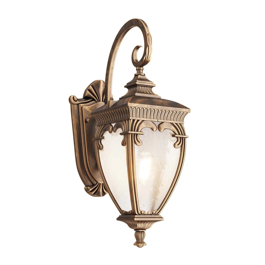 Applique extérieure lanterne baroque en laiton antique avec verre dépoli et ornement de style lanterne italienne