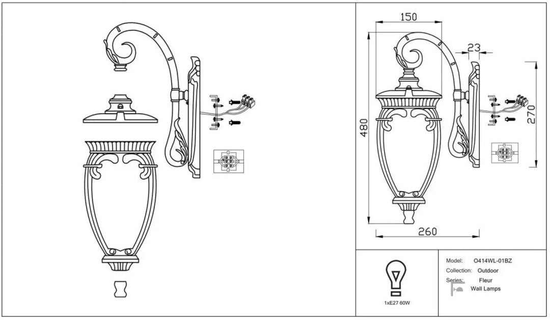 Applique extérieure noire en fer forgé ornée de volutes avec lanterne baroque en verre pour usage extérieur