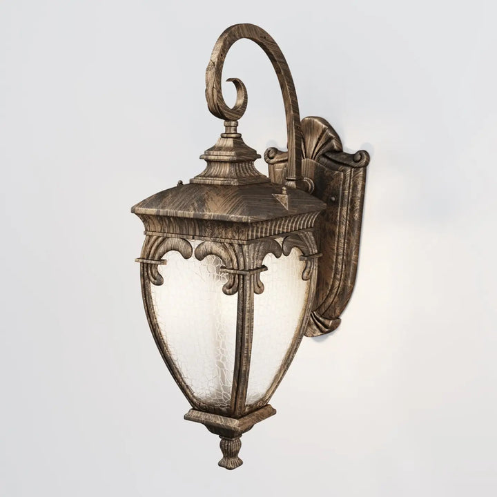 Applique extérieure lanterne baroque en fer forgé bronze antique avec panneau de verre craquelé texturé