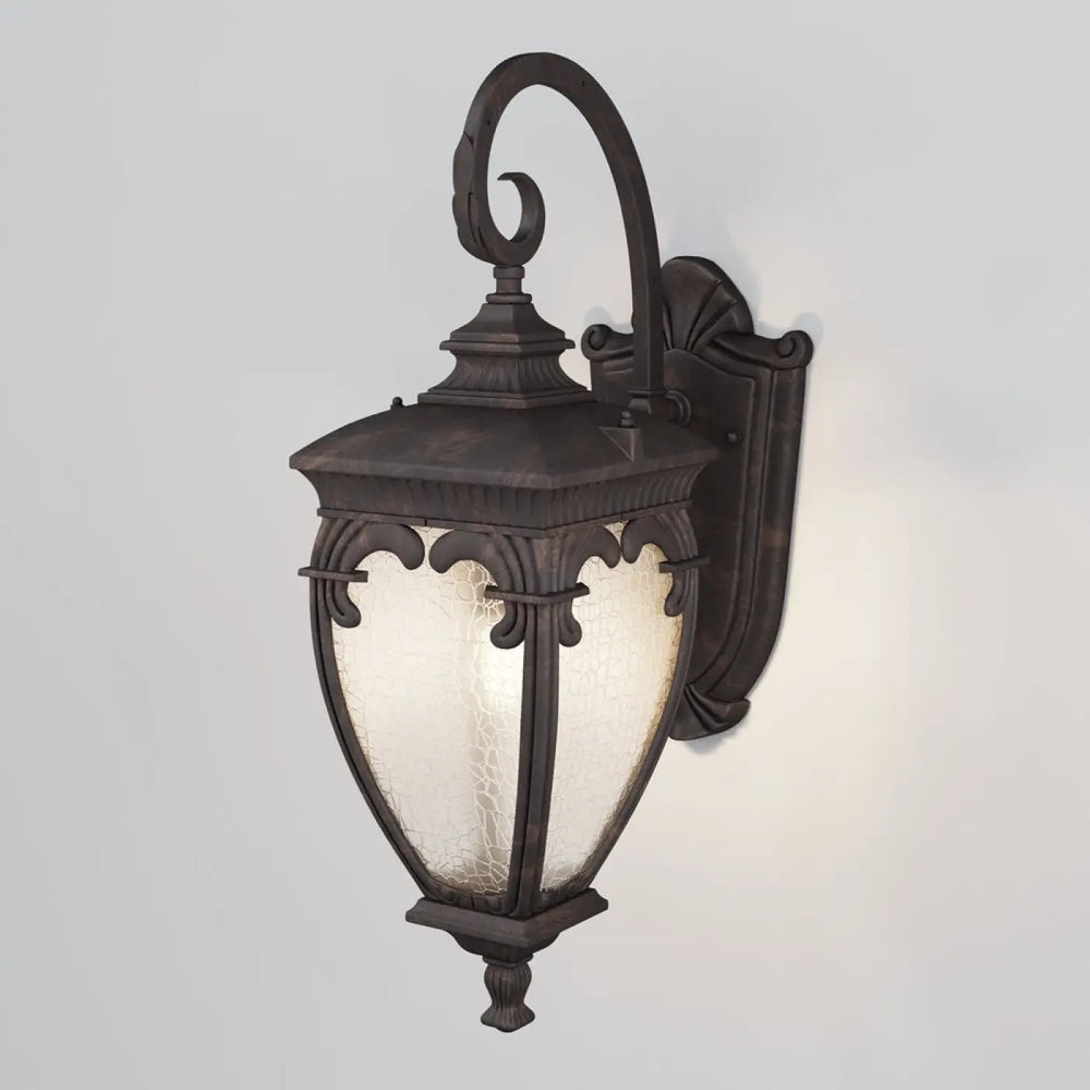 Applique extérieure en fer forgé bronze foncé avec panneau en verre givré texturé style lanterne baroque